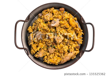 Serbian rice with beef meat, vegetables in a plate isolated on white background 133325362