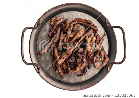 Deep fried beef tender strips, sliced meat in a tray isolated on white background 133325363