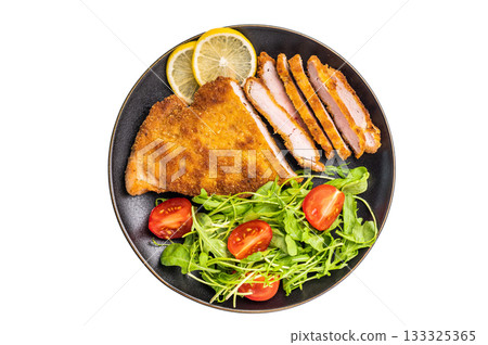 Roast Weiner schnitzel steak, veal breaded meat with salad isolated on white background Roast Weiner schnitzel steak, veal breaded meat with salad isolated on white background 133325365