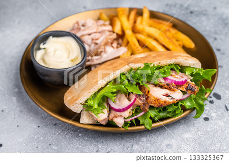 Grilled shawarma sandwich, Doner kebab with grilled meat in pita bread on a plate with french fry. grey background. top view 133325367