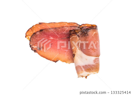 Sliced Spanish jamon iberico isolated on white background. top view Sliced Spanish jamon iberico isolated on white background. top view 133325414