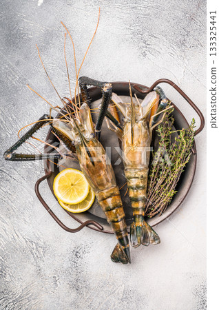 Plump raw giant river prawns shrimps, ideal for sushi, grilling, or adding a touch of luxury to any meal. white background. top view 133325441