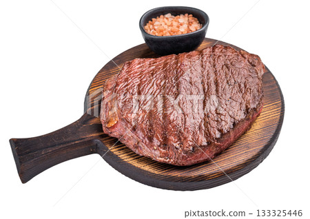 Grilled Flank Flap beef steak, showcasing beautiful grill marks. isolated on white background. top view 133325446