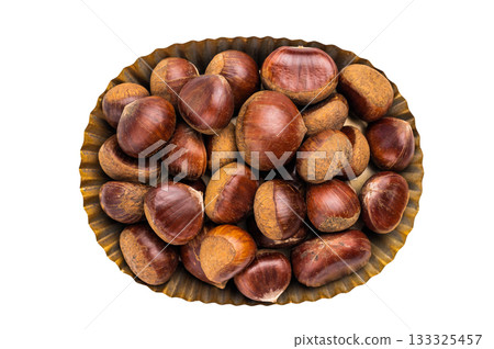 Heap of fresh chestnuts in kitchen tray ready for roasting isolated on white background 133325457
