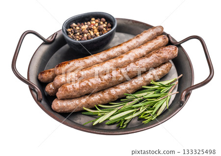 Juicy grilled sausage sizzling on the barbecue, perfect for summer cookouts and outdoor gatherings. isolated on white background. top view 133325498