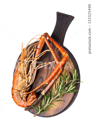 Juicy grilled giant river prawn shrimp served with rosemary, a mouthwatering dish for your next barbecue. isolated on white background. top view Juicy grilled giant river prawn shrimp served with rosemary, a mouthwatering dish for your next barbecue. isolated on white background. top view 133325499