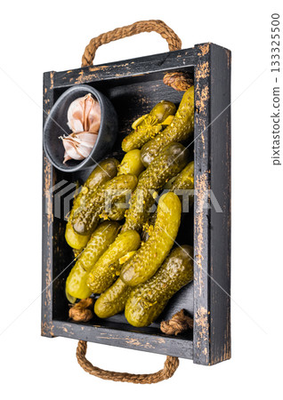 Sweet and tangy pickled cucumbers, ideal for enhancing burgers and wraps with a burst of flavor. isolated on white background. top view Sweet and tangy pickled cucumbers, ideal for enhancing burgers and wraps with a burst of flavor. isolated on white background. top view 133325500