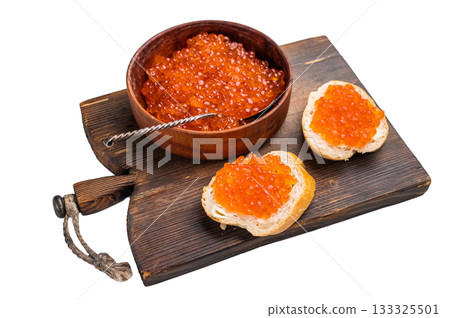 Salty salmon roe, red caviar, ideal for adding a touch of elegance to your culinary creations. isolated on white background. top view Salty salmon roe, red caviar, ideal for adding a touch of elegance to your culinary creations. isolated on white background. top view 133325501