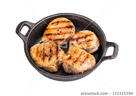 Juicy grilled pork medallions steaks, perfectly seared tenderloin meat for a flavorful bite, ideal for any gourmet meal. isolated on white background. top view Juicy grilled pork medallions steaks, perfectly seared tenderloin meat for a flavorful bite, ideal for any gourmet meal. isolated on white background. top view 133325594