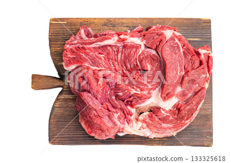 Fresh raw beef neck meat, perfect for slow cooking and creating rich, flavorful stews and hearty dishes. isolated on white background. top view 133325618