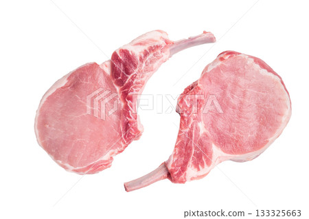 Fresh pork Chop Tomahawk steak, showcasing its impressive bone and marbled meat, perfect for grilling or roasting. isolated on white background. top view Fresh pork Chop Tomahawk steak, showcasing its impressive bone and marbled meat, perfect for grilling or roasting. isolated on white background. top view 133325663