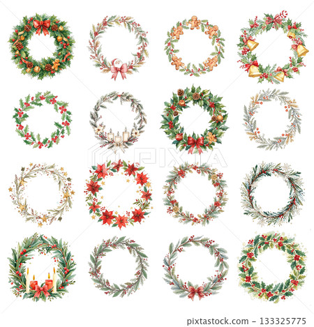 Christmas wreath watercolor illustration set 133325775
