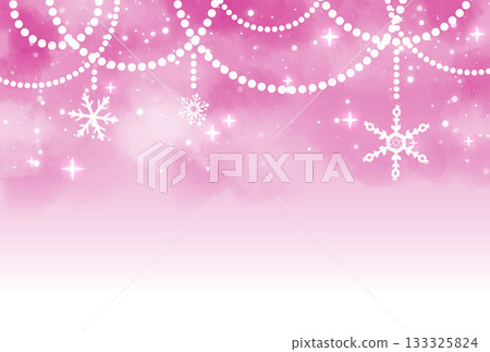 Sparkling background of pink snowflakes and pearl garlands 133325824