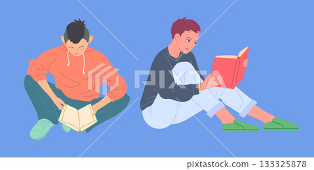 Cartoon Color Characters People Readers with Books Sitting Set Concept Flat Design Style. Vector illustration of Guys Learning 133325878