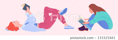 Cartoon Color Characters People Readers with Books in Different Positions Set Concept Flat Design Style. Vector illustration 133325881