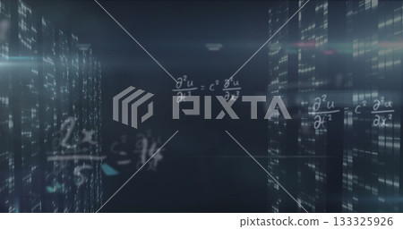 Floating wave equation hovering in data center, with fraction formula and lit server racks Floating wave equation hovering in data center, with fraction formula and lit server racks 133325926