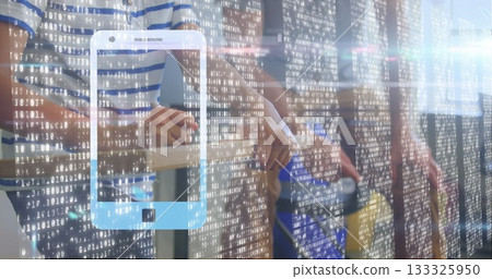 Projecting smartphone hologram with binary code on tall desk in office, father and son using tablet Projecting smartphone hologram with binary code on tall desk in office, father and son using tablet 133325950