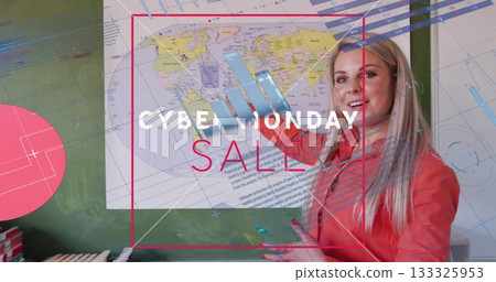 Pointing presenter in red blazer indicating map at chalkboard with Cyber Monday Sale, copy space 133325953
