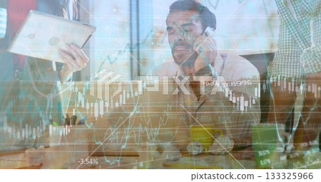 Gathering colleagues analyzing market trends in office meeting room, with tablet and chart overlay Gathering colleagues analyzing market trends in office meeting room, with tablet and chart overlay 133325966