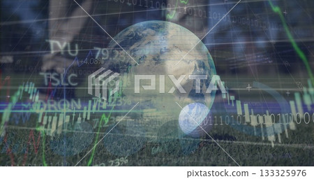 Hovering Earth globe merging with floating candlestick charts over golf turf, resting golf ball Hovering Earth globe merging with floating candlestick charts over golf turf, resting golf ball 133325976