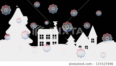 Drifting pastel snowflakes floating above fir trees and houses on winter hills, with chimney smoke 133325996