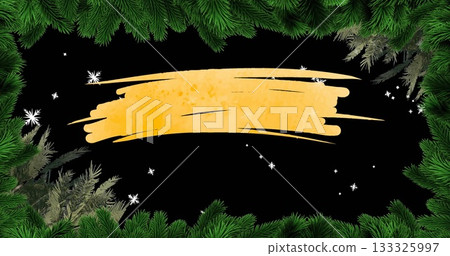Framing holiday green pine branch border and white snowflakes, showcasing yellow watercolor banner 133325997