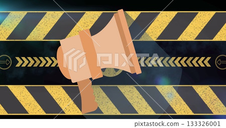 Showcasing large beige megaphone in digital design, with yellow black hazard stripes and chevrons Showcasing large beige megaphone in digital design, with yellow black hazard stripes and chevrons 133326001