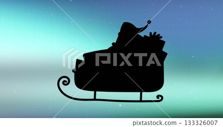Gliding Santa silhouette wearing Santa hat in sleigh across aurora-lit sky, with wrapped gifts 133326007