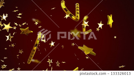 Floating 3D golden stars and candy-cane striped tubes drifting against burgundy gradient backdrop Floating 3D golden stars and candy-cane striped tubes drifting against burgundy gradient backdrop 133326013