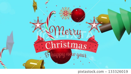 Displaying red ribbon banner on turquoise, with candy canes, ornaments, snowflakes and pine branch 133326019