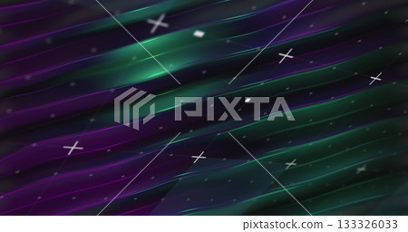 Showing neon green purple waves flowing across digital grid, with floating white geometric shapes Showing neon green purple waves flowing across digital grid, with floating white geometric shapes 133326033