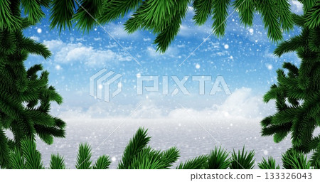 Drifting snowflakes creating tranquil scene at lake, with evergreen pine branches and calm water 133326043