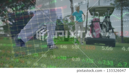 Swinging golfer lower body swinging club on fairway, with golf cart bag and financial chart overlay 133326047