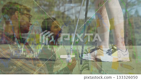 Seated men leaning at putting green, with stock charts, coffee cup, golf putter, ball, copy space 133326050