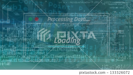 Displaying UI window showing processing data loading on screen, with overlaid code, circuit motif 133326072