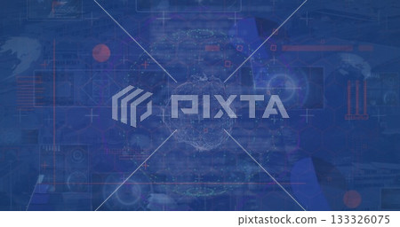 Displaying wireframe globe with nodes in virtual interface, showing circular charts and hex grid 133326075