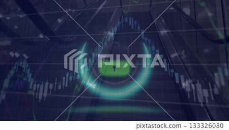 Showing neon ring with green lock icon floating in lobby with candlestick chart, escalator rails 133326080