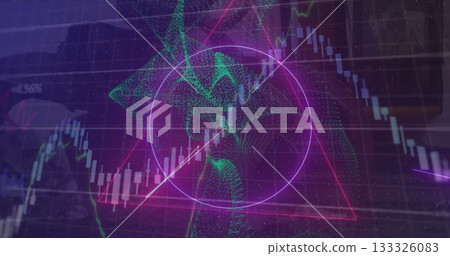 Neon pink circle showing rising line in financial dashboard, with candlestick bars and green mesh 133326083