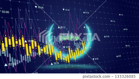 Highlighting cyan arc framing profit% text on trading screen with yellow bars and magenta line 133326085