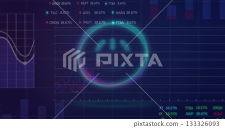 Dashboard interface showing glowing cyan circle with smile pattern, magenta blue graphs and tickers Dashboard interface showing glowing cyan circle with smile pattern, magenta blue graphs and tickers 133326093