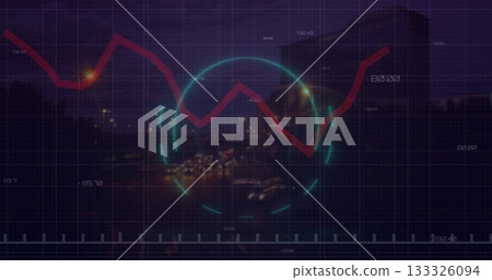 Overlaying red zigzag graph and teal HUD circle on nighttime highway, with grid and numeric labels 133326094