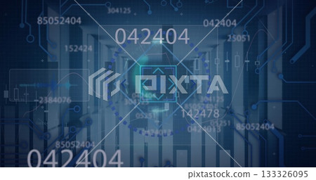 Projecting circular HUD hovering over server corridor, with numeric overlays and crosshair arrows Projecting circular HUD hovering over server corridor, with numeric overlays and crosshair arrows 133326095