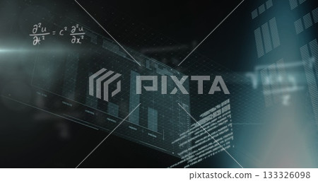 Displaying holographic panel floating in virtual interface, with bar chart, equation and grid plane 133326098