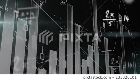 Displaying 3D bar and candlestick charts in virtual dashboard, with math notation overlays 133326101