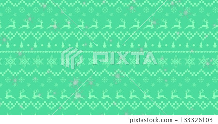 Showing holiday pattern on mint green field with reindeer, snowflakes, trees, baubles, and zigzags Showing holiday pattern on mint green field with reindeer, snowflakes, trees, baubles, and zigzags 133326103