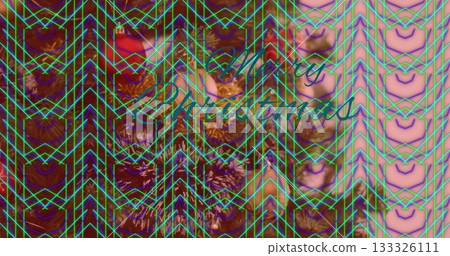 Featuring cursive Merry Christmas text on holiday card, with neon chevron lines and organic shapes Featuring cursive Merry Christmas text on holiday card, with neon chevron lines and organic shapes 133326111