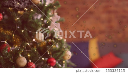 Sparkling tree showcasing white lights at home, tinsel, swirl-patterned baubles, copy space Sparkling tree showcasing white lights at home, tinsel, swirl-patterned baubles, copy space 133326115