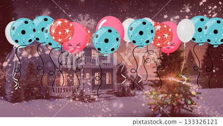 Floating cluster of balloons with curly ribbons swaying at snowy porch, with glowing Christmas tree 133326121