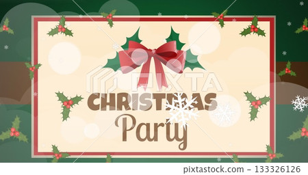 Displaying festive invitation banner on holiday greeting screen, with ribbon bow and holly leaves 133326126