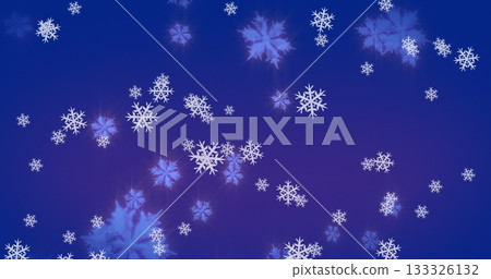 Drifting white snowflakes falling in abstract winter digital backdrop, displaying intricate designs 133326132